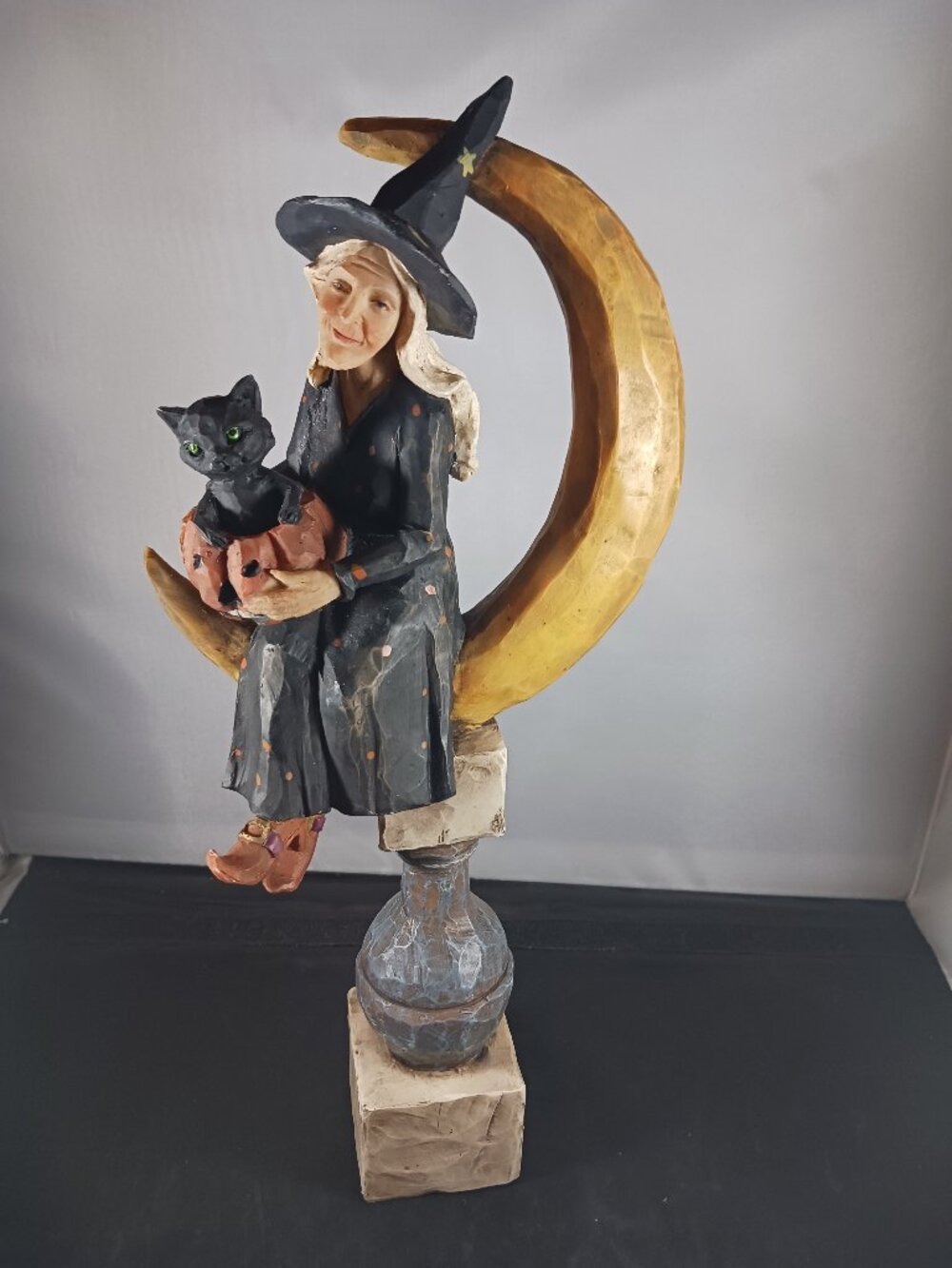 Moon Sitting Witch & Black Kitty Primitive Folk Art Resin Halloween